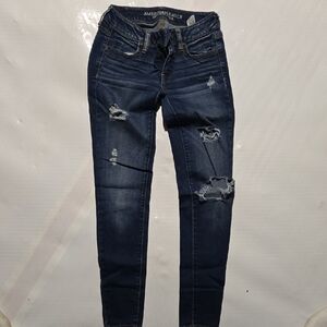 American Eagle Outfitters Dark Blue Ripped Skinny Jeans - Women